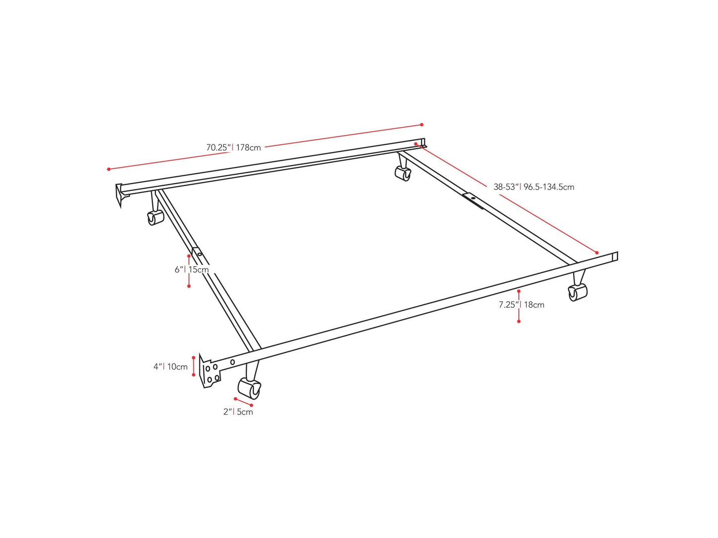Adjustable Metal Bed Frame, Twin / Full measurements diagram by CorLiving