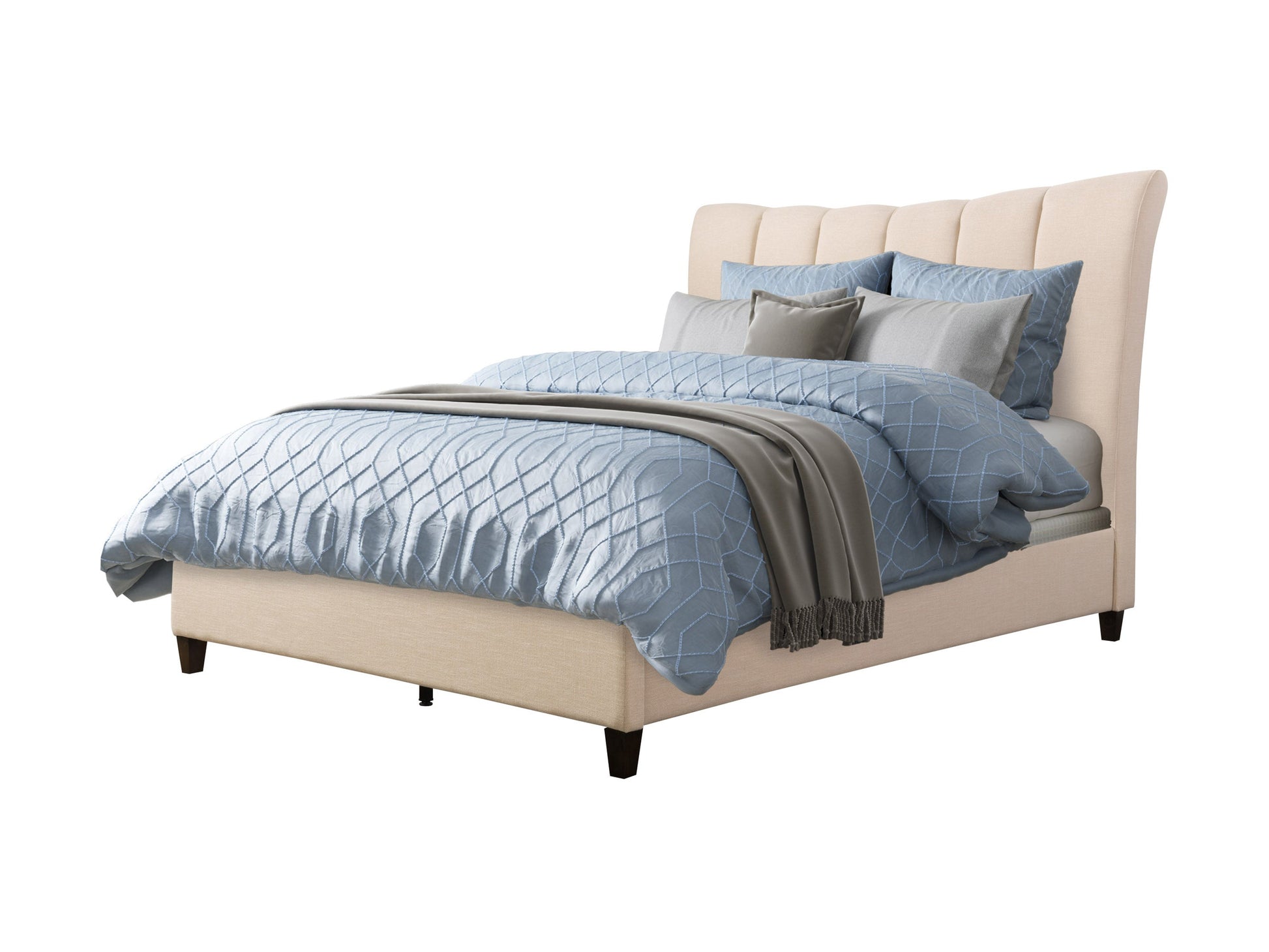 Cream channel tufted double/full bed with plush upholstery, sleek wooden legs, and elegant vertical stitching. Perfect for modern bedrooms seeking a blend of comfort and sophistication.