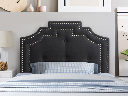 Dark grey padded headboard for twin/single bed, featuring tufted upholstery with soft fabric texture and sturdy construction. Ideal for modern bedroom decor.