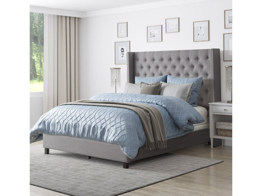 Grey tufted queen bed with a high, button-tufted headboard, upholstered in soft fabric, featuring sturdy wooden legs and a minimalist design, perfect for modern and contemporary bedroom decor.