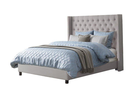 Grey tufted queen bed with a high, button-tufted headboard, upholstered in soft fabric, featuring sturdy wooden legs and a minimalist design, perfect for modern and contemporary bedroom decor.