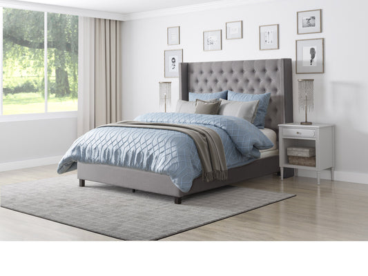 Tufted king bed with slats in grey fabric, featuring a plush, button-tufted headboard, wooden frame, and sturdy slats for mattress support. Ideal for modern bedrooms seeking a stylish and comfortable centerpiece.