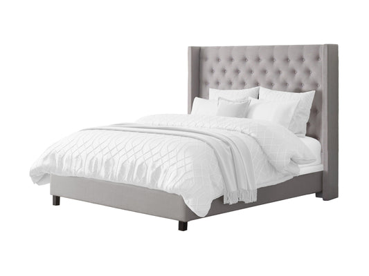 Tufted king bed with slats in grey fabric, featuring a plush, button-tufted headboard, wooden frame, and sturdy slats for mattress support. Ideal for modern bedrooms seeking a stylish and comfortable centerpiece.