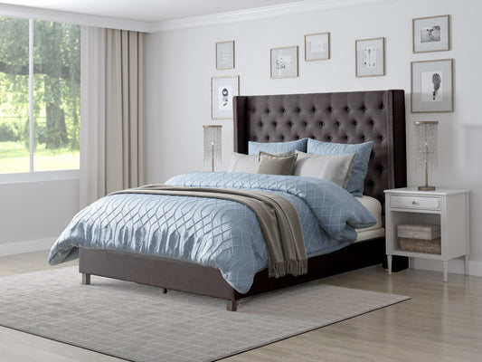 Dark grey tufted king bed with elegant button detailing on the headboard, upholstered in soft fabric. Sturdy wooden frame with sleek, modern design perfect for a contemporary bedroom.