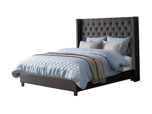 Dark grey tufted king bed with elegant button detailing on the headboard, upholstered in soft fabric. Sturdy wooden frame with sleek, modern design perfect for a contemporary bedroom.