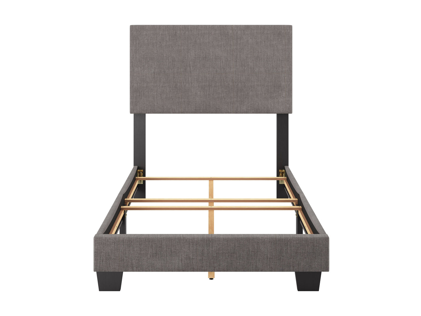 Modern twin bed with sleek grey fabric upholstery, tufted headboard, and sturdy wooden legs. Ideal for small bedrooms or guest rooms.