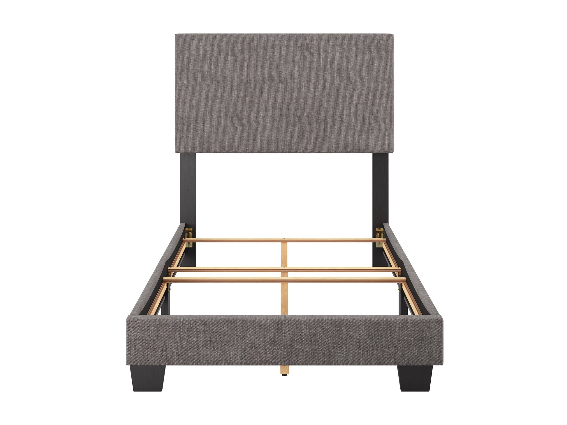 Modern twin bed with sleek grey fabric upholstery, tufted headboard, and sturdy wooden legs. Ideal for small bedrooms or guest rooms.
