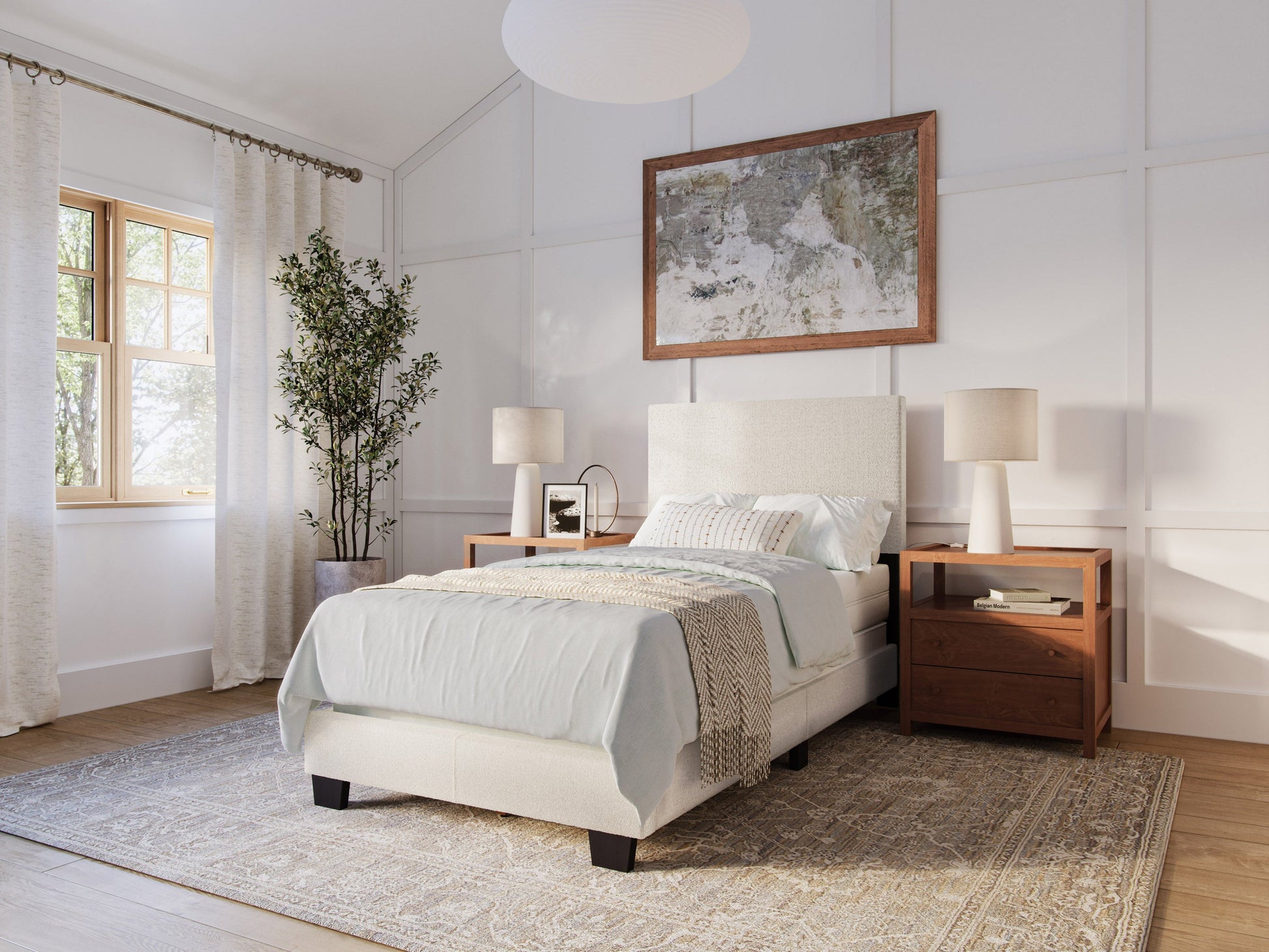 Cream boucle twin single bed with wooden legs, featuring a soft, textured boucle fabric, minimalist design, and sturdy construction. Ideal for modern bedrooms, this cozy bed combines comfort and style.