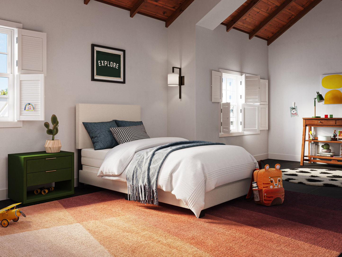 Cream boucle twin single bed with wooden legs, featuring a soft, textured boucle fabric, minimalist design, and sturdy construction. Ideal for modern bedrooms, this cozy bed combines comfort and style.