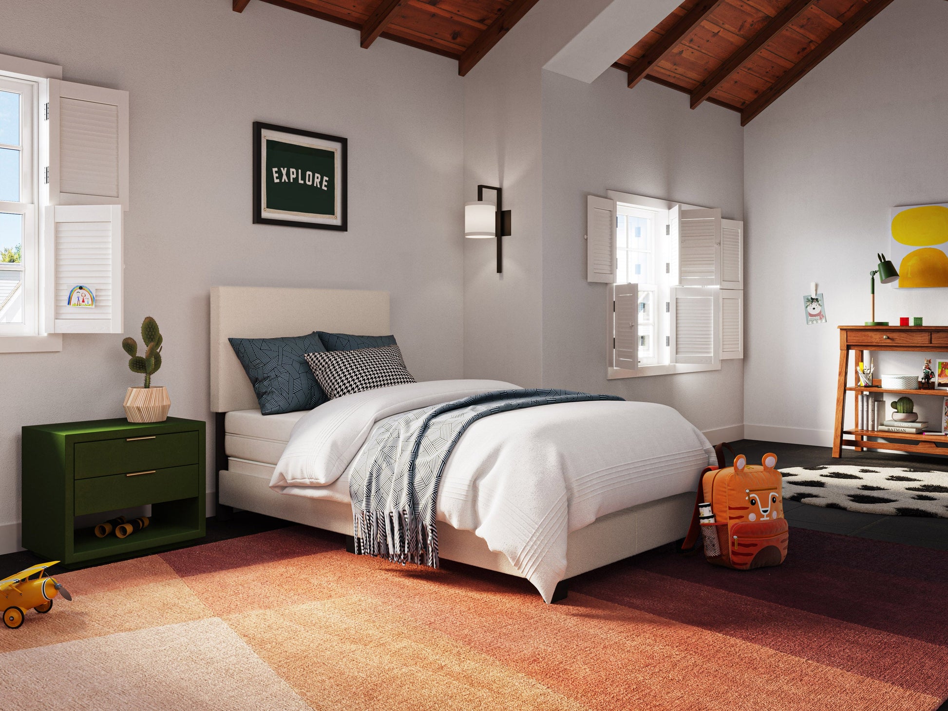 Cream boucle twin single bed with wooden legs, featuring a soft, textured boucle fabric, minimalist design, and sturdy construction. Ideal for modern bedrooms, this cozy bed combines comfort and style.