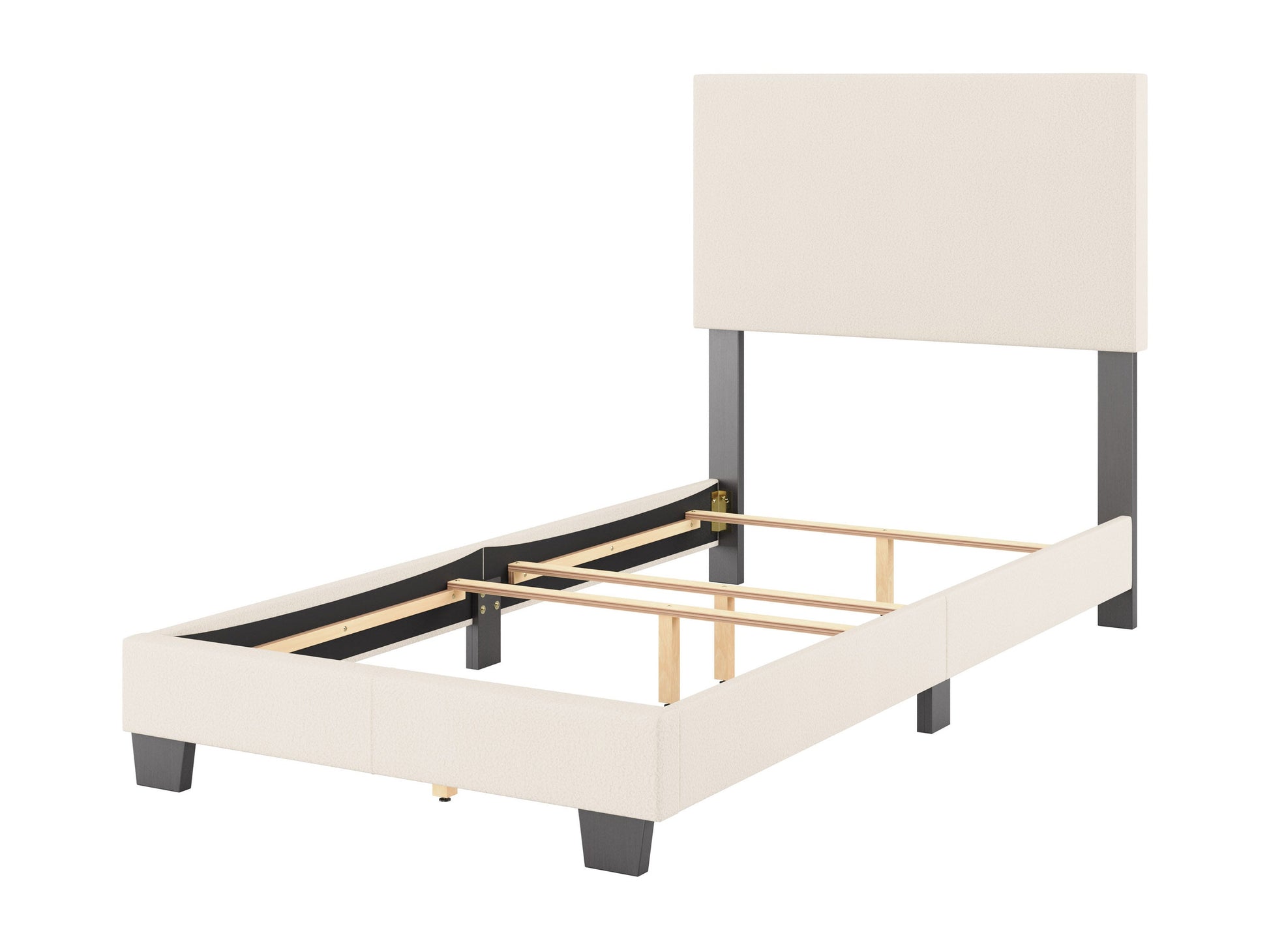 Cream boucle twin single bed with wooden legs, featuring a soft, textured boucle fabric, minimalist design, and sturdy construction. Ideal for modern bedrooms, this cozy bed combines comfort and style.