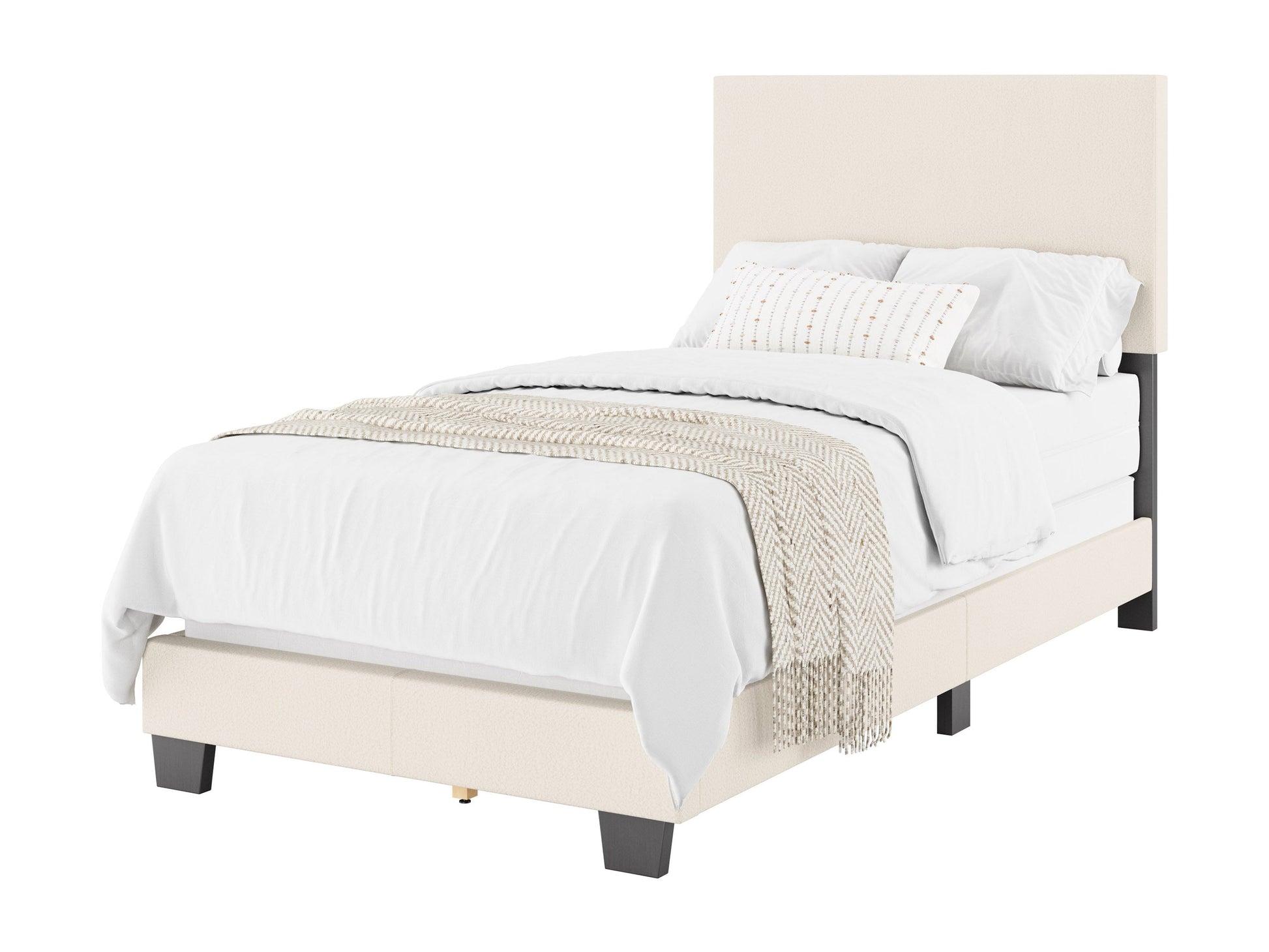 Cream boucle twin single bed with wooden legs, featuring a soft, textured boucle fabric, minimalist design, and sturdy construction. Ideal for modern bedrooms, this cozy bed combines comfort and style.