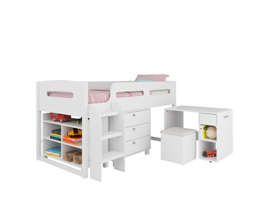 White twin loft bed with built-in desk, sturdy wooden frame, and safety rails, perfect for kids' rooms or dorms, offering space-saving functionality and a clean, modern design.