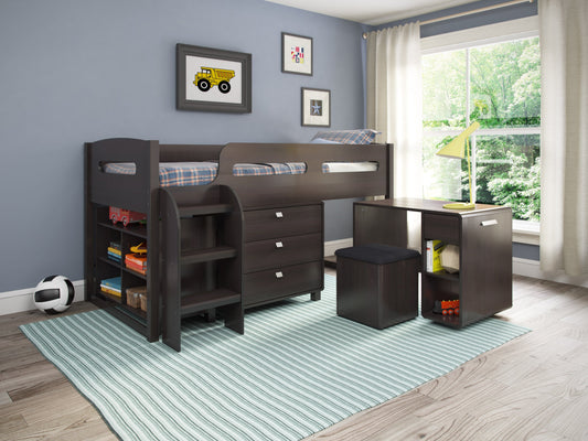Espresso twin loft bed with built-in desk, sturdy wooden frame, ladder access, and safety rails. Ideal space-saving solution for kids' or teens' rooms, combining sleep and study areas in one stylish design.