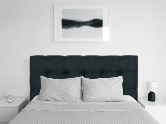 Blue twin/single modern headboard with sleek design, upholstered in soft fabric, featuring a minimalist style and durable construction. Ideal for contemporary bedrooms, offering both comfort and elegance.
