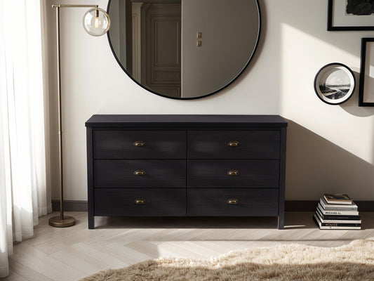 Black 6-Drawer Wide Dresser with Interlocking Drawers