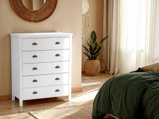 White 5-Drawer Dresser with Interlocking Drawers