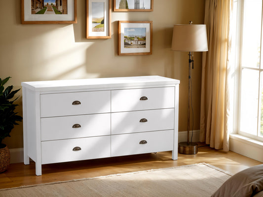 White 6-Drawer Wide Dresser with Interlocking Drawers