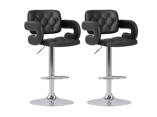 Black bar stools with arms, set of 2, featuring cushioned seats, sleek metal frames, and footrests, perfect for modern kitchen islands or home bars.