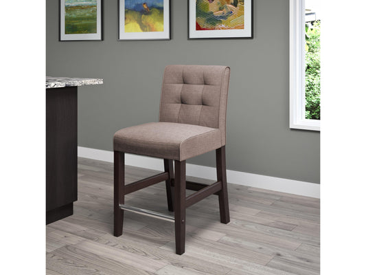 Brown bar stool with cushioned seat, counter height, featuring dark wood legs and a footrest, perfect for kitchen islands or home bars.