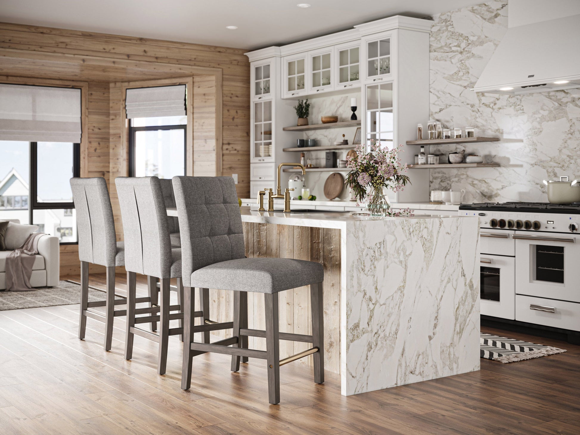 Silver grey fabric counter height bar stool with cushioned seat, sleek wooden legs, and footrest. Ideal for modern kitchens or bar areas. Durable upholstery and minimalist design for contemporary decor.