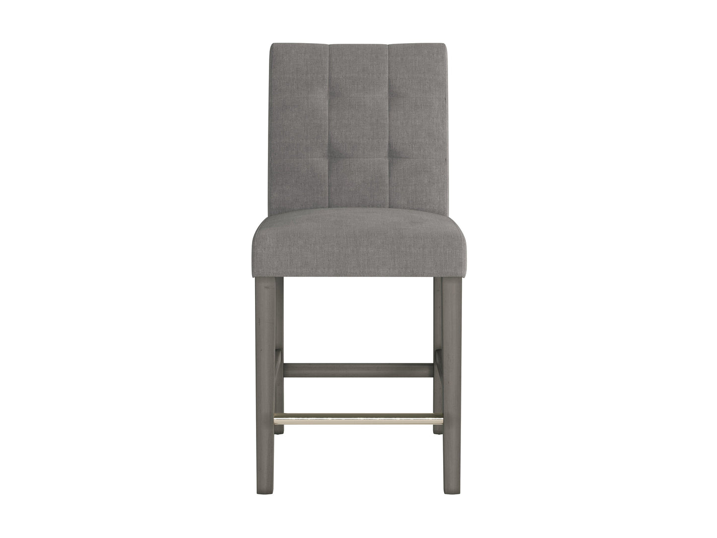 Silver grey fabric counter height bar stool with cushioned seat, sleek wooden legs, and footrest. Ideal for modern kitchens or bar areas. Durable upholstery and minimalist design for contemporary decor.