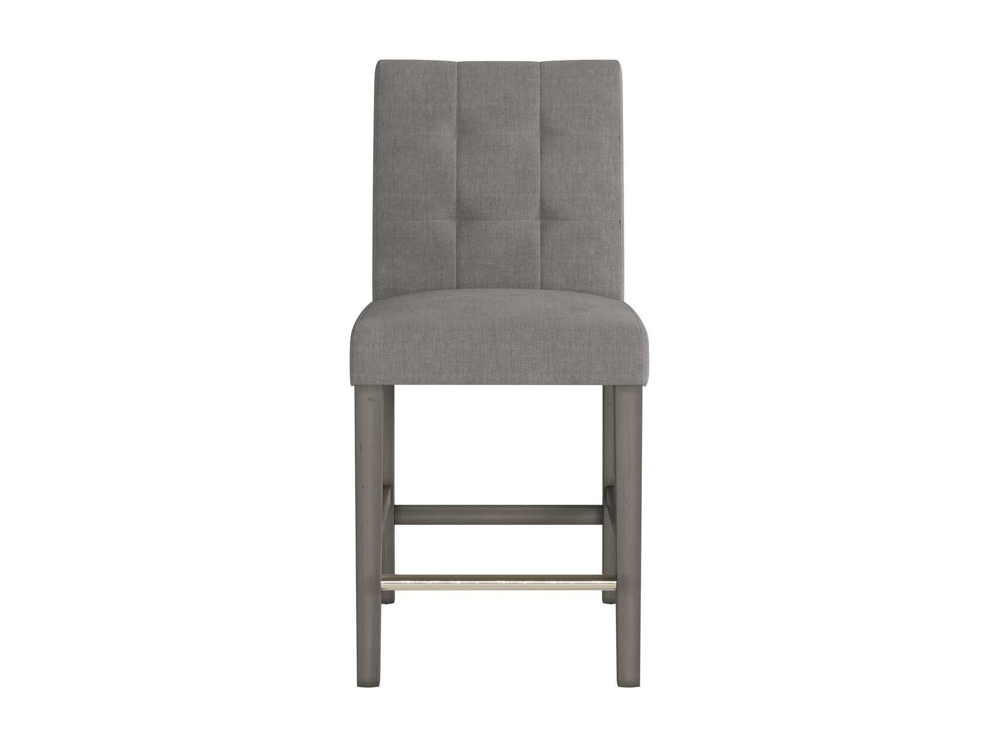Silver grey fabric counter height bar stool with cushioned seat, sleek wooden legs, and footrest. Ideal for modern kitchens or bar areas. Durable upholstery and minimalist design for contemporary decor.
