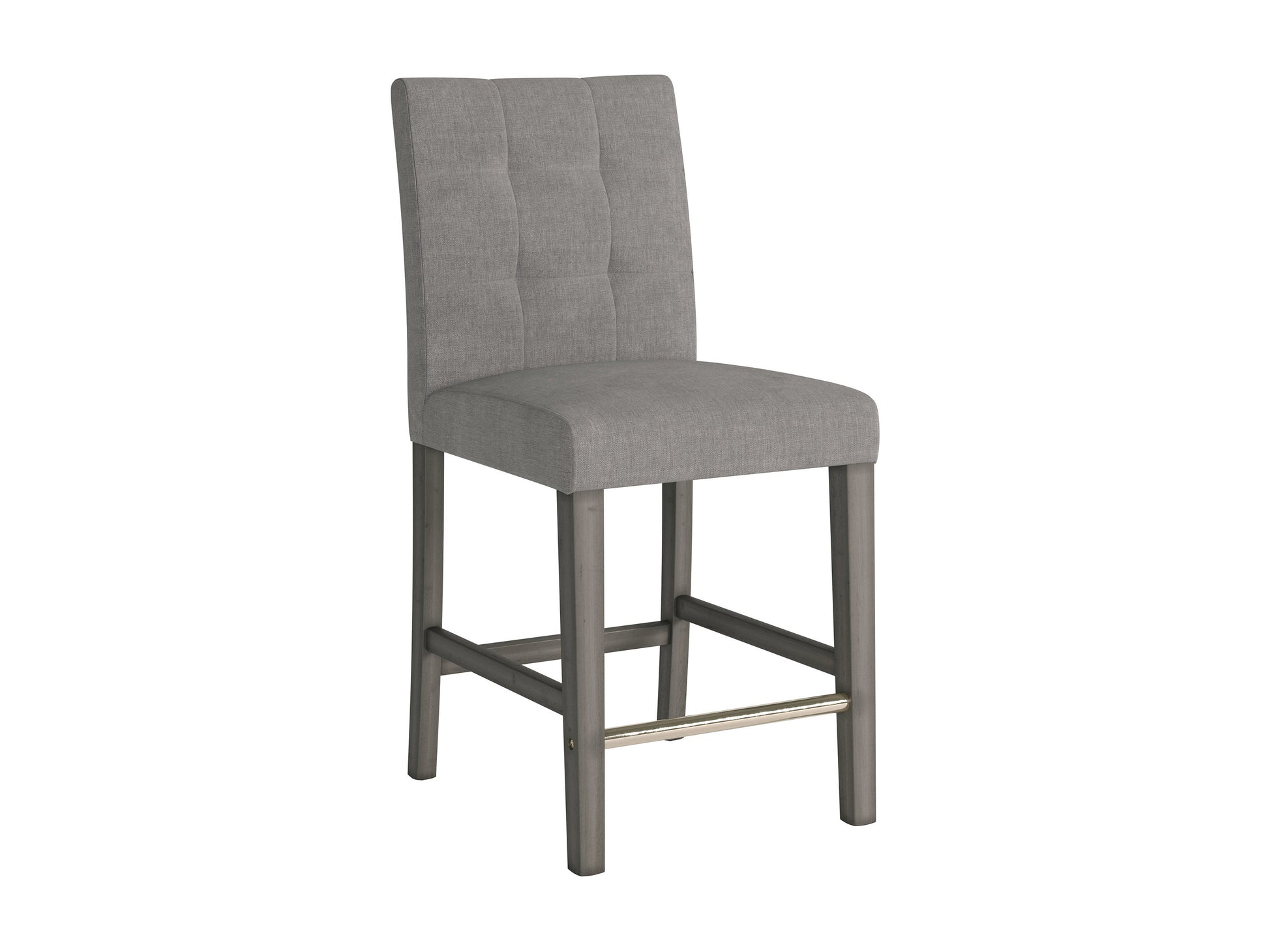 Silver grey fabric counter height bar stool with cushioned seat, sleek wooden legs, and footrest. Ideal for modern kitchens or bar areas. Durable upholstery and minimalist design for contemporary decor.
