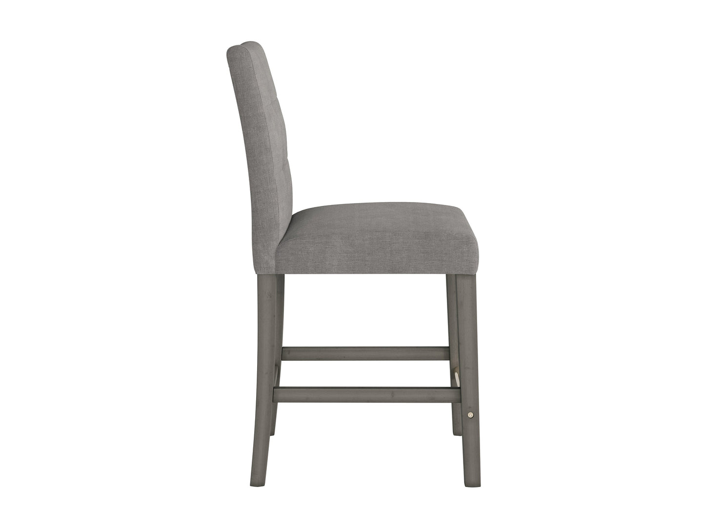 Silver grey fabric counter height bar stool with cushioned seat, sleek wooden legs, and footrest. Ideal for modern kitchens or bar areas. Durable upholstery and minimalist design for contemporary decor.