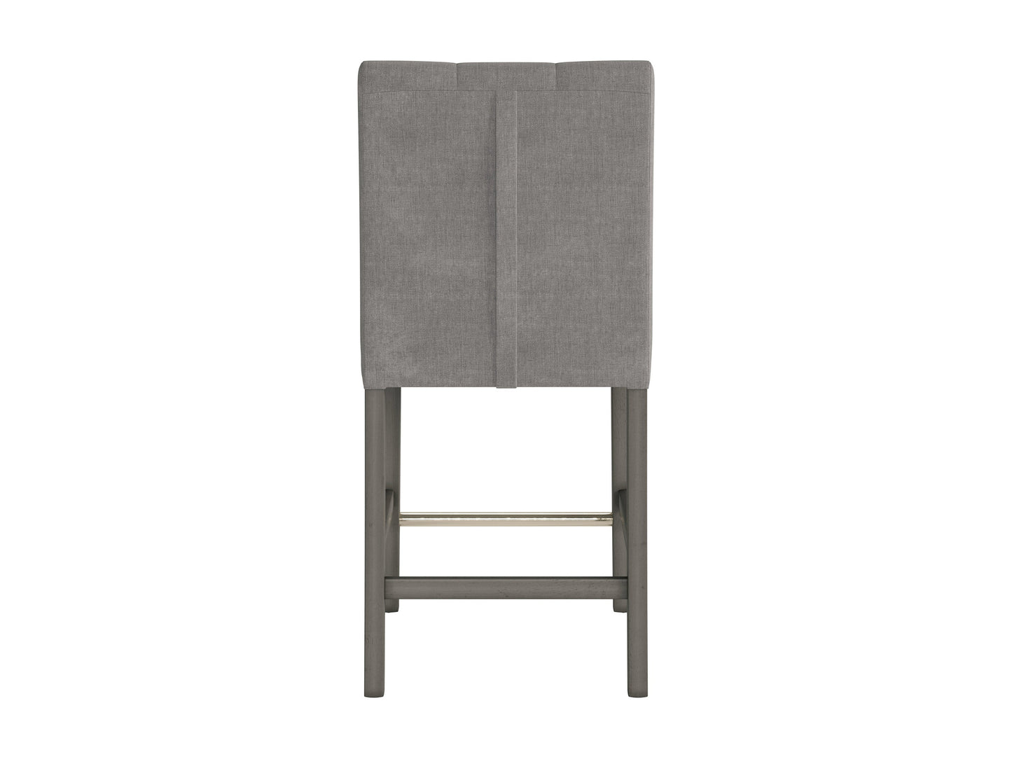 Silver grey fabric counter height bar stool with cushioned seat, sleek wooden legs, and footrest. Ideal for modern kitchens or bar areas. Durable upholstery and minimalist design for contemporary decor.