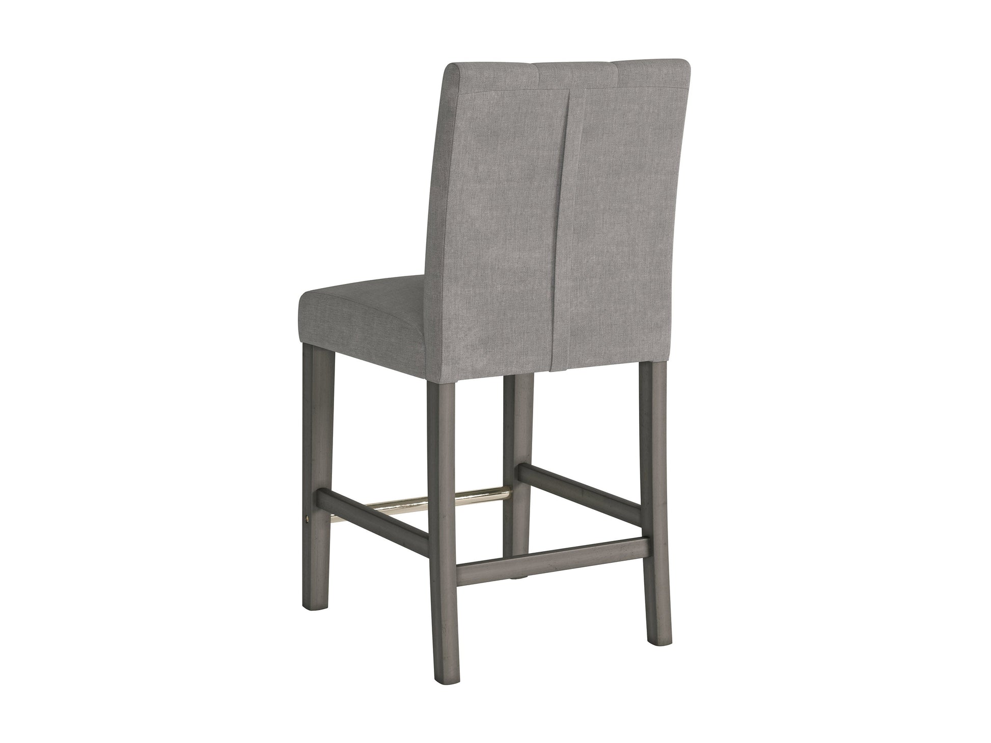 Silver grey fabric counter height bar stool with cushioned seat, sleek wooden legs, and footrest. Ideal for modern kitchens or bar areas. Durable upholstery and minimalist design for contemporary decor.