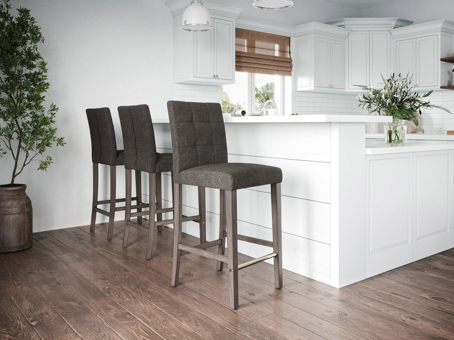 Charcoal brown fabric bar height stool with cushioned seat, wooden legs, and footrest. Ideal for kitchen islands or home bars, blending modern design with comfort and durability.