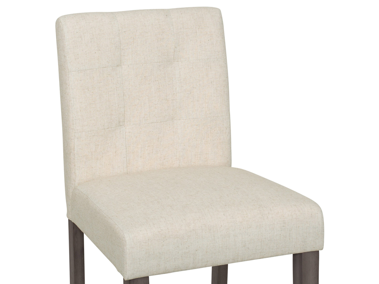 Beige fabric counter height bar stool with cushioned seat, dark wooden legs, and footrest. Ideal for kitchen islands and home bars. Modern design with a comfortable backrest and durable upholstery.