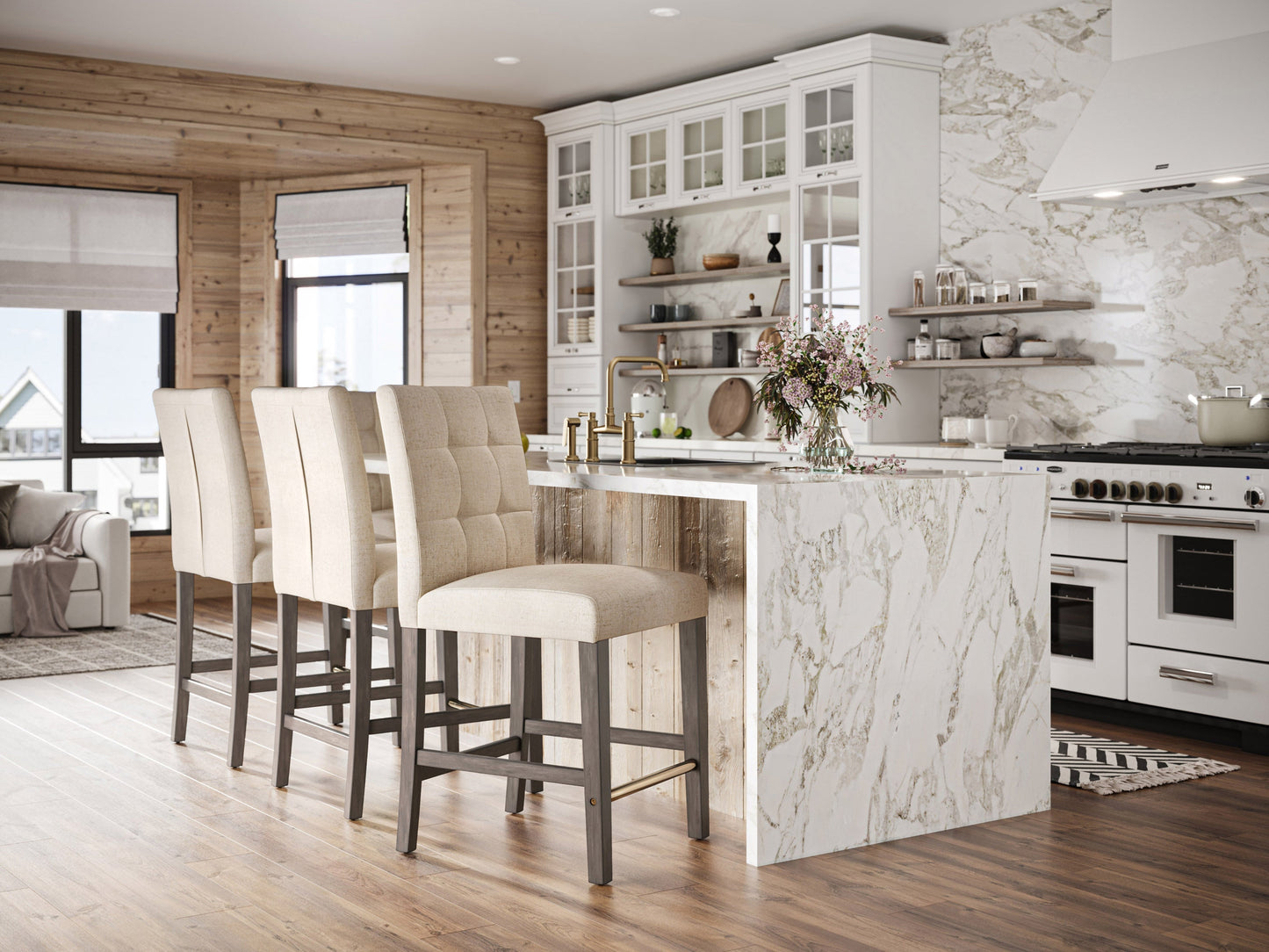 Beige fabric counter height bar stool with cushioned seat, dark wooden legs, and footrest. Ideal for kitchen islands and home bars. Modern design with a comfortable backrest and durable upholstery.