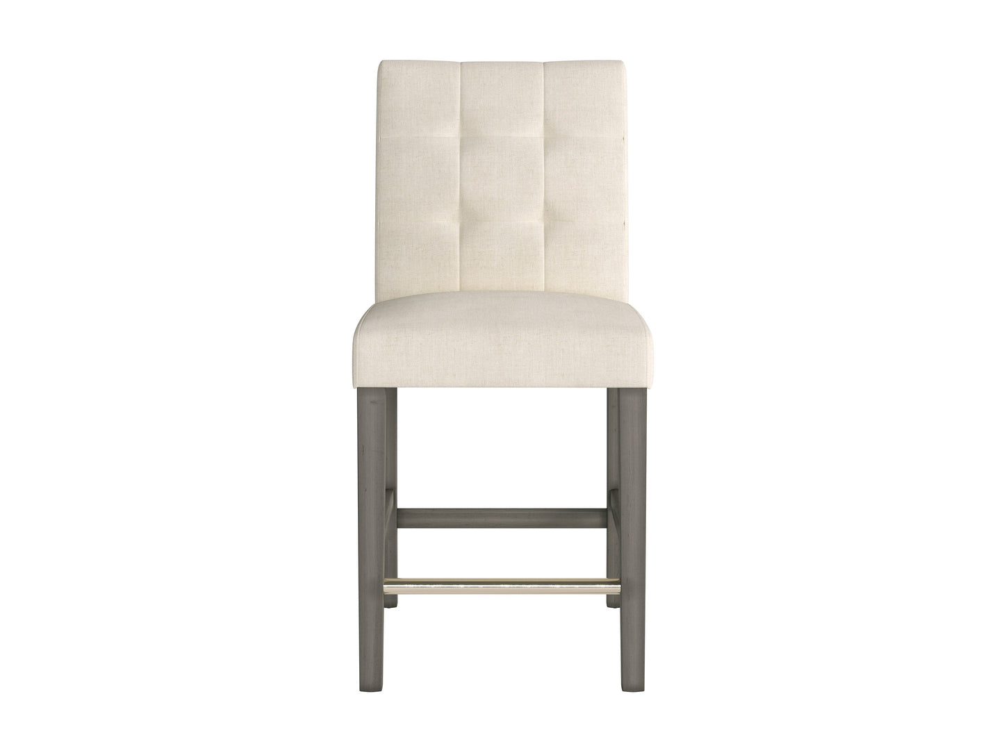 Beige fabric counter height bar stool with cushioned seat, dark wooden legs, and footrest. Ideal for kitchen islands and home bars. Modern design with a comfortable backrest and durable upholstery.