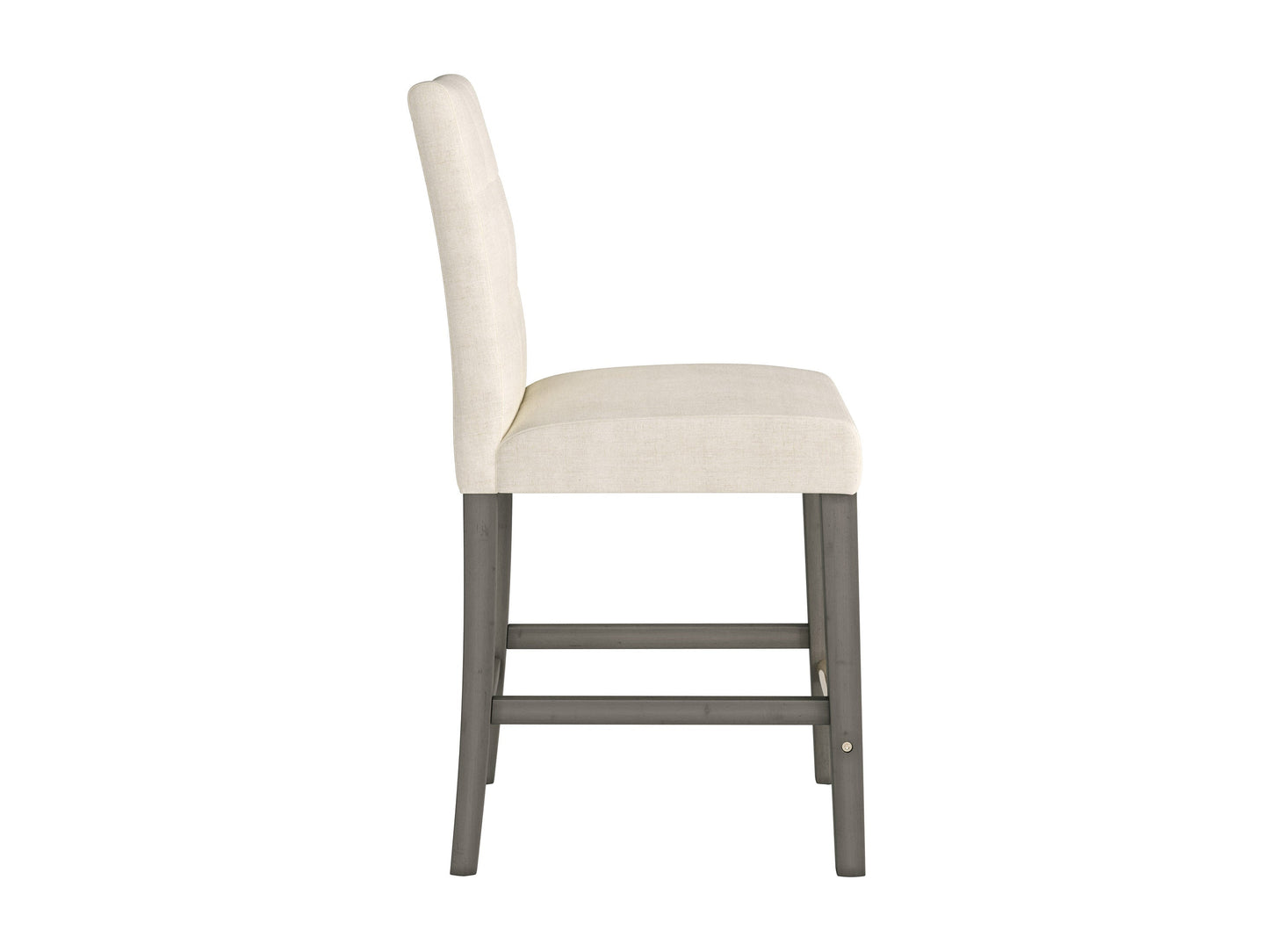 Beige fabric counter height bar stool with cushioned seat, dark wooden legs, and footrest. Ideal for kitchen islands and home bars. Modern design with a comfortable backrest and durable upholstery.