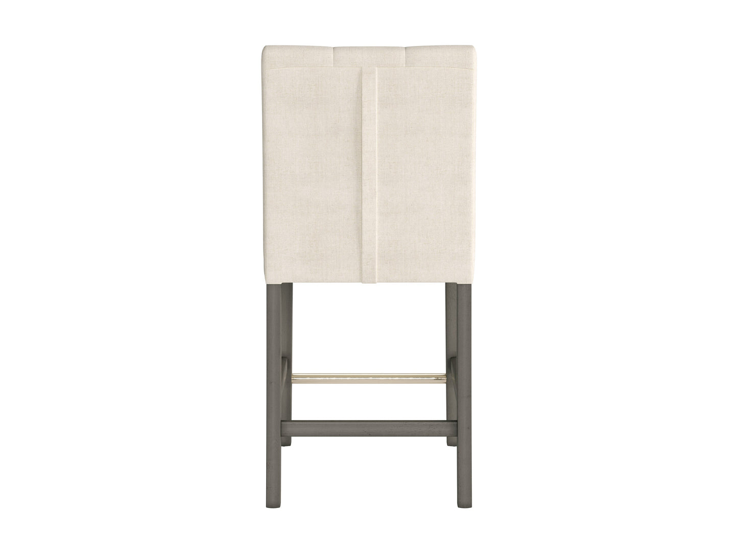 Beige fabric counter height bar stool with cushioned seat, dark wooden legs, and footrest. Ideal for kitchen islands and home bars. Modern design with a comfortable backrest and durable upholstery.