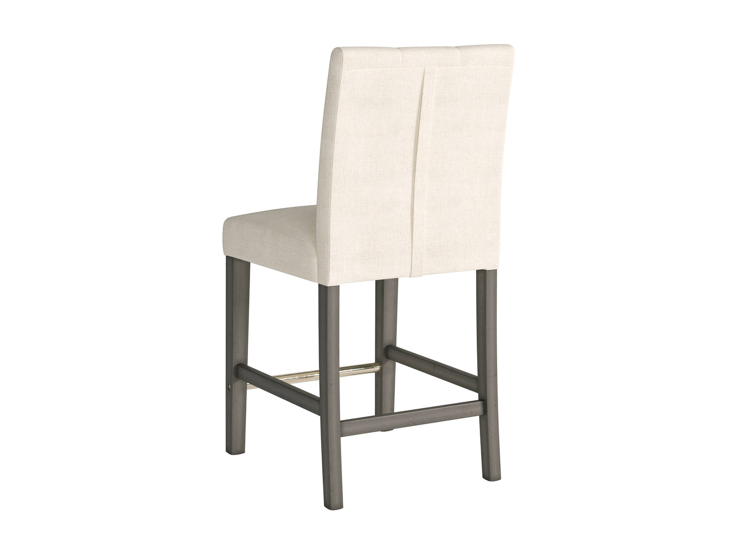 Beige fabric counter height bar stool with cushioned seat, dark wooden legs, and footrest. Ideal for kitchen islands and home bars. Modern design with a comfortable backrest and durable upholstery.