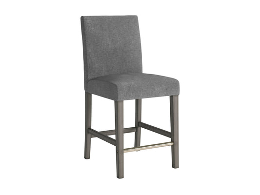 Grey fabric counter height bar stool with black metal legs, cushioned seat, and backrest. Modern design, soft upholstery, and sturdy construction ideal for kitchen islands or home bars.