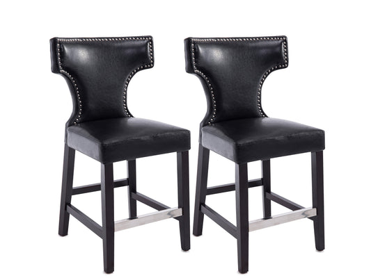 Black counter height bar stools, set of 2, featuring sleek metal frames, cushioned seats in faux leather, and footrests for added comfort. Ideal for modern kitchens, home bars, or dining areas.