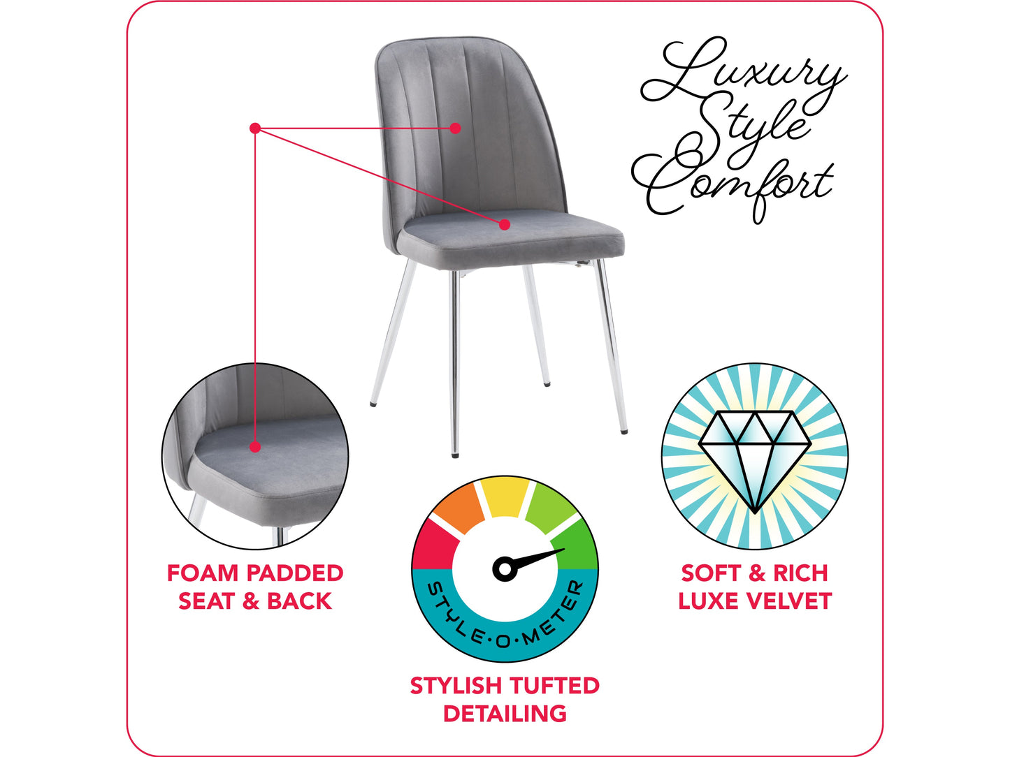 Grey velvet dining room chairs, set of 2, featuring sleek metal legs, plush upholstery, and a modern design. Ideal for contemporary dining spaces, these chairs offer both comfort and style.