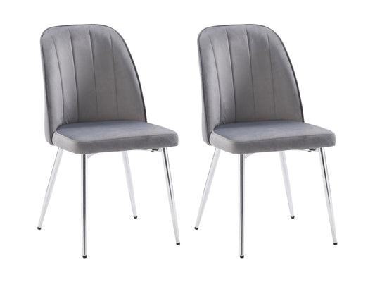 Grey velvet dining room chairs, set of 2, featuring sleek metal legs, plush upholstery, and a modern design. Ideal for contemporary dining spaces, these chairs offer both comfort and style.