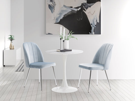 Blue velvet dining room chairs, set of 2, with tufted backs, wooden legs, and a sleek modern design. Ideal for contemporary dining spaces, offering comfort and style with a luxurious texture.