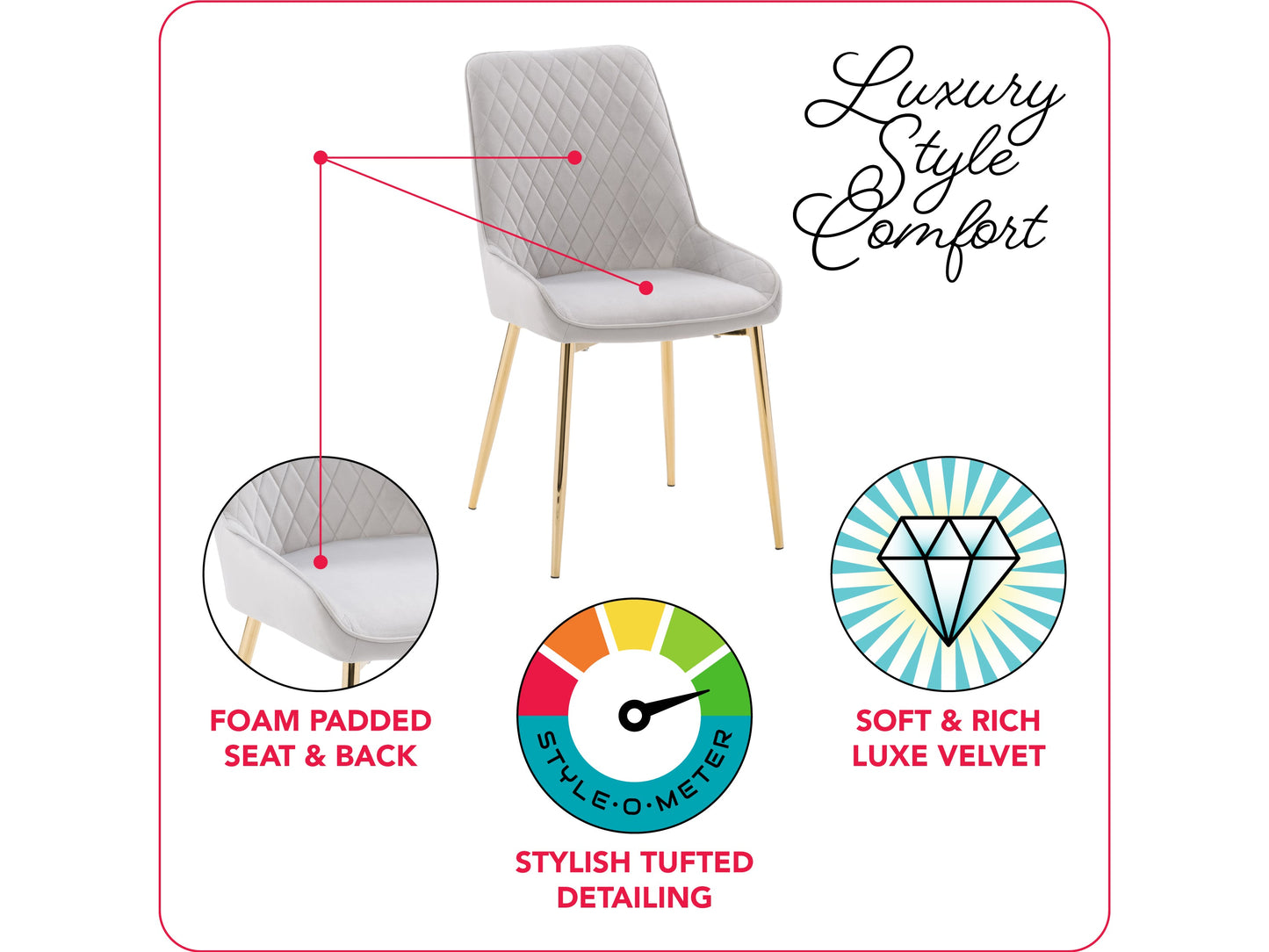 Light grey velvet dining chairs, set of 2, with tufted backrest, gold metal legs, and contemporary design. Perfect for modern dining rooms or kitchens. Luxurious and elegant seating solution.