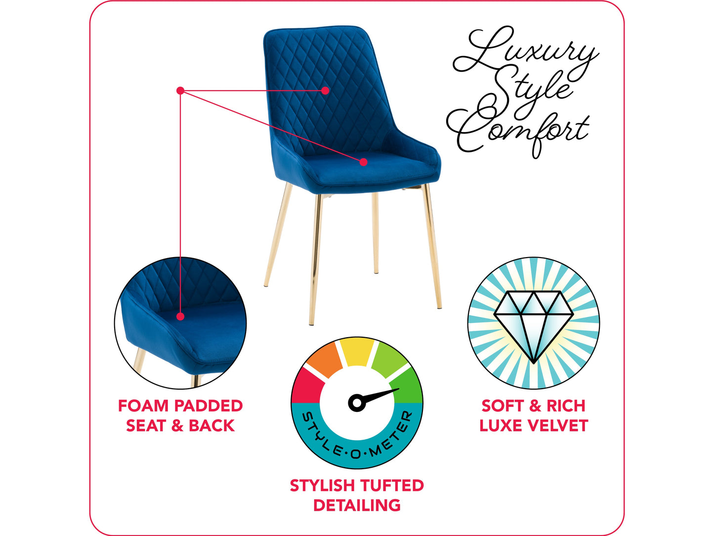 Navy blue velvet dining chairs set of 2 with gold metal legs, tufted backrest, and ergonomic design for modern dining rooms.