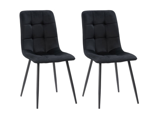 Black velvet upholstered dining chairs, set of 2, featuring sleek gold metal legs, plush cushioning, and a modern design perfect for contemporary dining rooms or elegant kitchen spaces.
