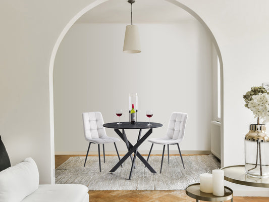 Light grey velvet upholstered dining chairs, set of 2, with tufted backs, wooden legs, and elegant design perfect for modern dining rooms.