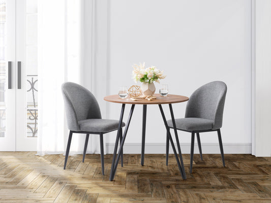Set of 2 grey curved dining chairs with plush upholstery, sleek metal legs, and modern design, perfect for contemporary dining rooms, offering comfort and style with a minimalist aesthetic.