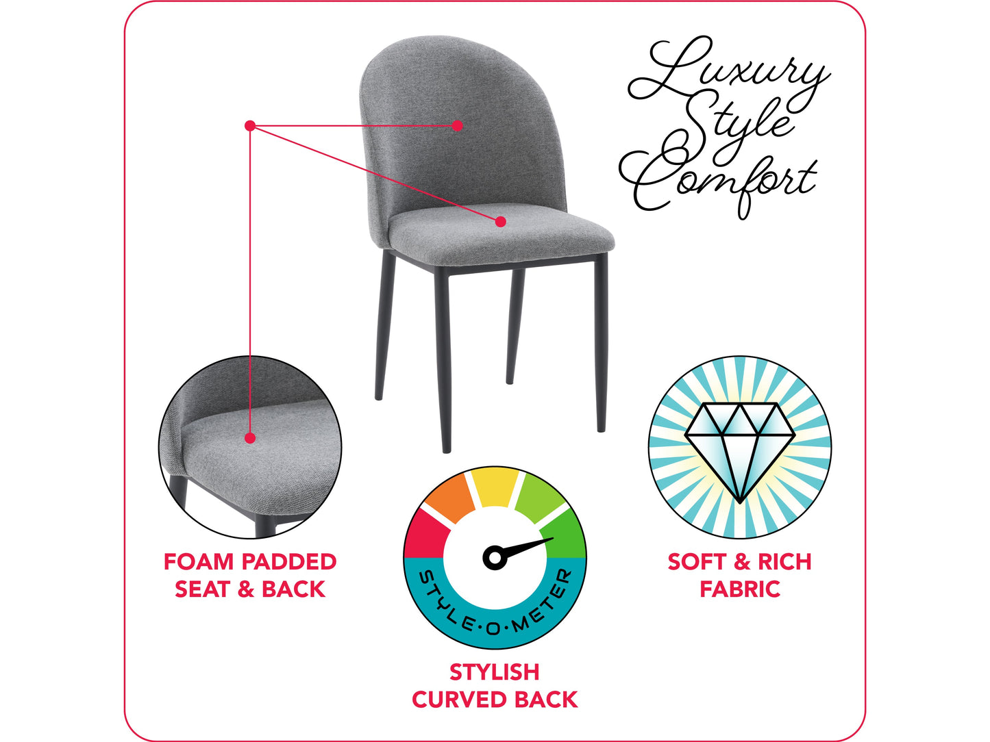 Set of 2 grey curved dining chairs with plush upholstery, sleek metal legs, and modern design, perfect for contemporary dining rooms, offering comfort and style with a minimalist aesthetic.