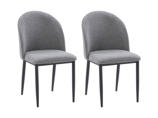 Set of 2 grey curved dining chairs with plush upholstery, sleek metal legs, and modern design, perfect for contemporary dining rooms, offering comfort and style with a minimalist aesthetic.